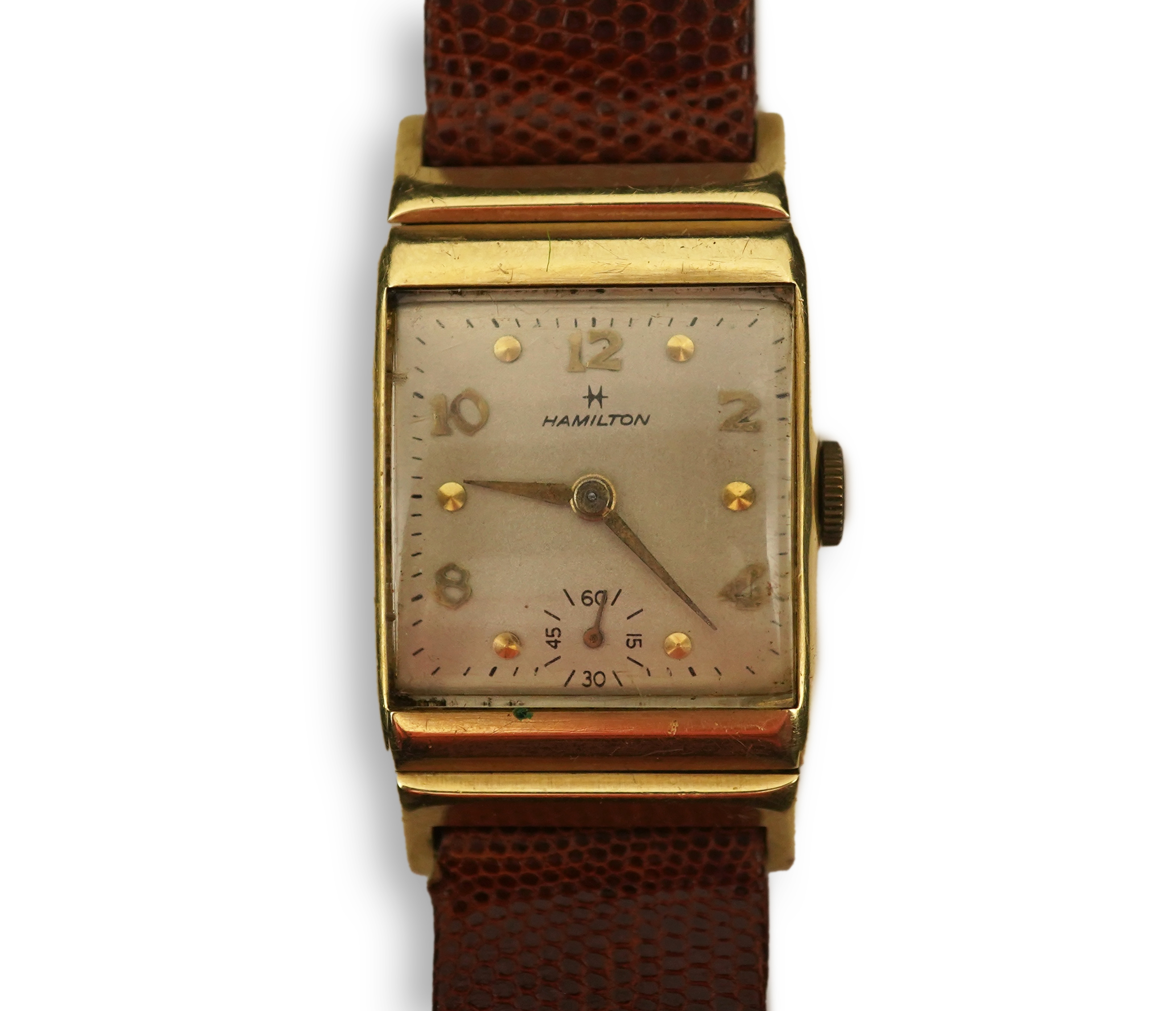 A gentleman's 1950's? 14k gold Hamilton manual wind wrist watch, on a later associated leather strap